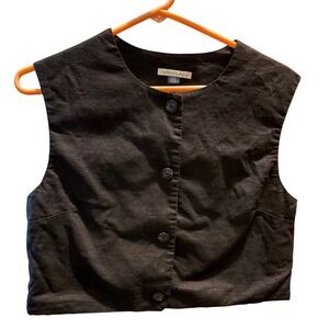 American Eagle Black Linen Blend Button Front Cropped Vest Top Womens Medium